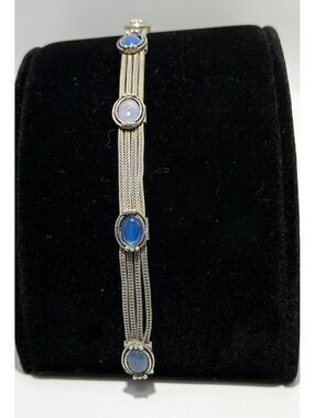 Sterling Silver Multi-Strand Foxtail Bracelet with Blue Chalcedony Cabochons